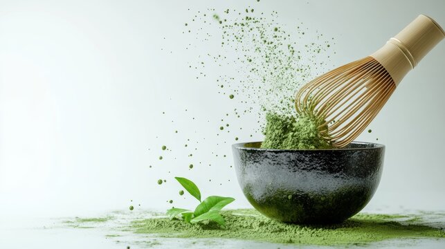 Matcha powder air isolated on white background,superfood powder,diet and healthy life,green tea powder,Japanese tea leaves,popular menu trendy, wellness concept.