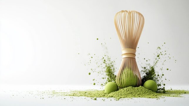 Matcha powder air isolated on white background,superfood powder,diet and healthy life,green tea powder,Japanese tea leaves,popular menu trendy, wellness concept.