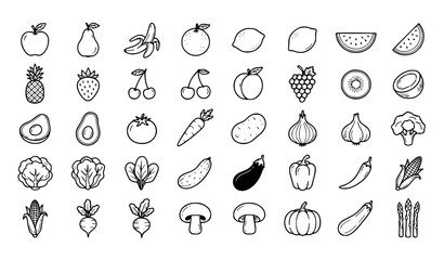Obraz premium Hand Drawn Fruit and Vegetable Outline Icon Set – Black and White Vector Collection