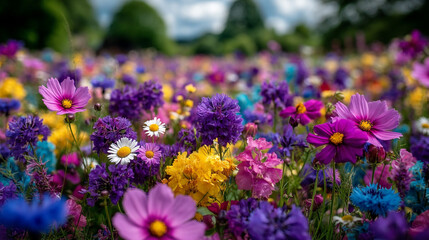 Fototapeta premium A colorful field of blooming cosmos wildflowers under a cloudy blue summer sky with blooming