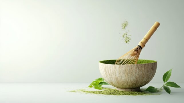 Matcha powder air isolated on white background,superfood powder,diet and healthy life,green tea powder,Japanese tea leaves,popular menu trendy, wellness concept.