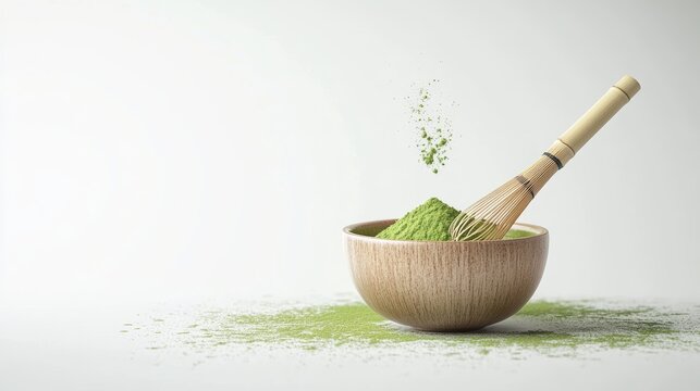 Matcha powder air isolated on white background,superfood powder,diet and healthy life,green tea powder,Japanese tea leaves,popular menu trendy, wellness concept.