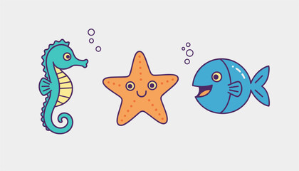 Obraz premium Cute underwater scene featuring a smiling seahorse, a cheerful starfish, and a blue fish with water bubbles.