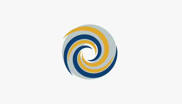 Dynamic abstract round swirl icon in grey, blue, and yellow colors represents motion, vortex, or corporate synergy.