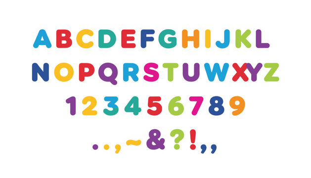 Complete set of hand-drawn look alphabet letters, numbers, and punctuation marks in bright retro primary colors.