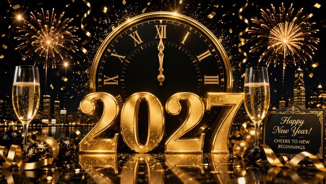  sparkling 2027 New Year's celebration scene with fireworks, champagne glasses, a clock striking midnight, and festive decorations in gold and black.