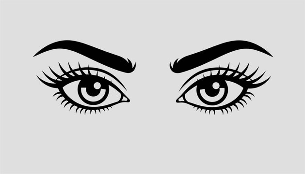 Stylized black drawing of elegant female eyes with long curved eyelashes and dark thick eyebrows on gray background.