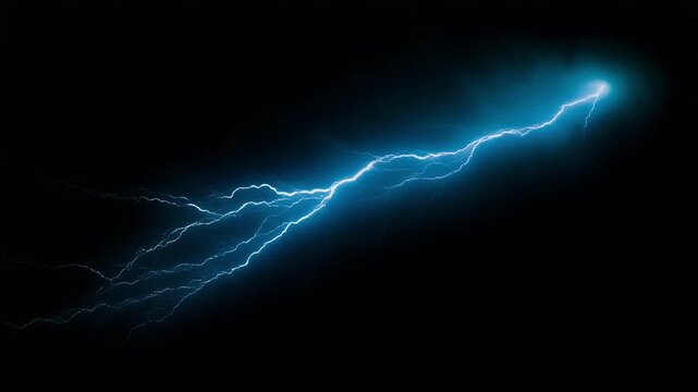 Vivid electric blue lightning bolt crackling through dark stormy sky at night