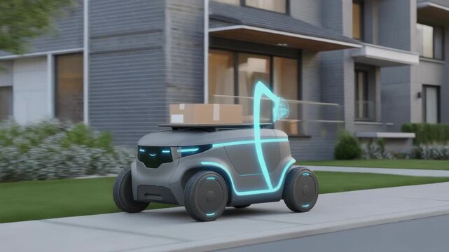 Futuristic autonomous delivery robot navigating suburban sidewalks efficiently and safely