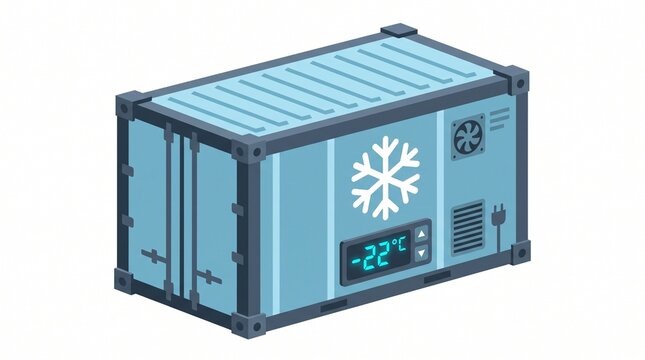 Isometric refrigerated shipping container icon with snowflake and digital temperature display