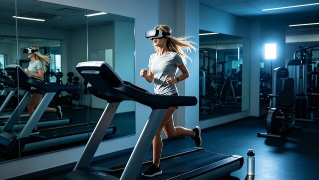 Woman running on treadmill wearing virtual reality headset in modern gym