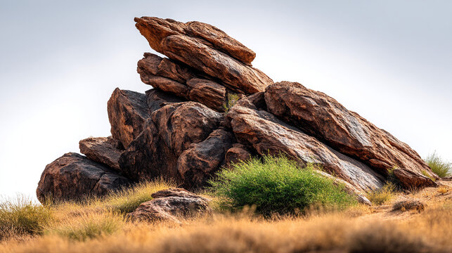 Rugged natural rock formation in high desert landscape with sparse vegetation at daylight