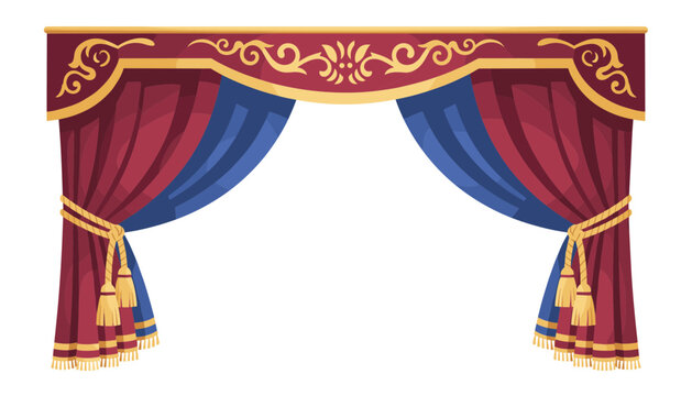 Luxurious deep red and blue velvet stage curtains with golden tassels and ornamental top border details.