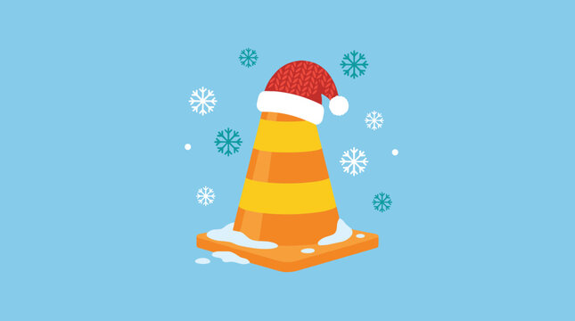 Flat design vector illustration of an orange traffic cone wearing a red Santa hat, surrounded by snowflakes and snow