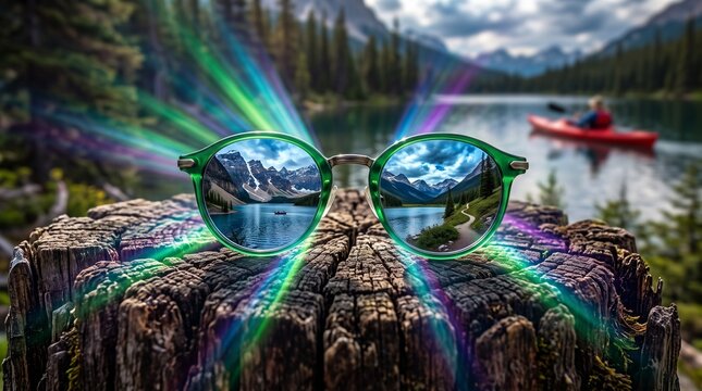 Green sunglasses rest on a weathered wooden stump with a scenic reflection