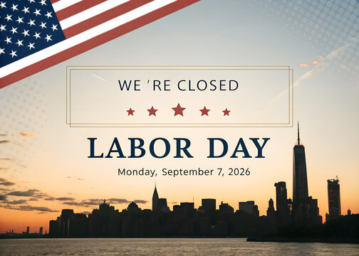 Labor day holiday sign with american flag and city skyline silhouette