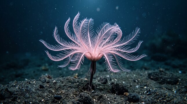 Pink sea lily rests on the dark seafloor in a marine environment