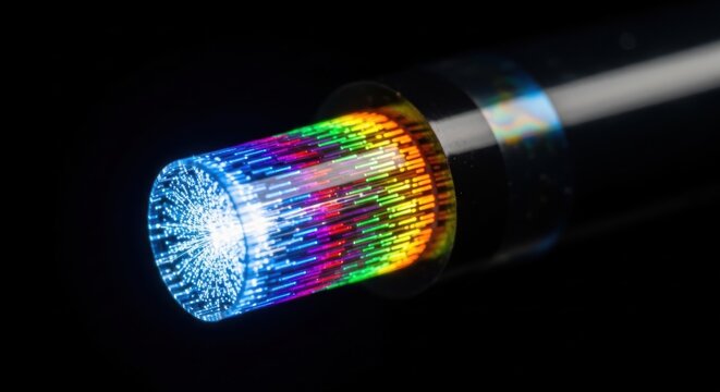 Close up of a fiber optic cable end glowing with vibrant rainbow spectrum light rays against a solid black background, showing data transmission