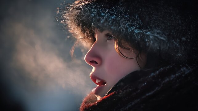 A close-up, cinematic portrait of a caroler in a Victorian-era outfit, singing with visible breath in the cold air