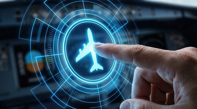 Digital global business online travel planning and vacation booking concept with finger pointing airplane icon on screen