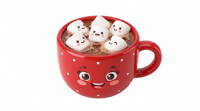 Bright red ceramic mug of hot chocolate topped with smiling marshmallow faces and white foam swirls