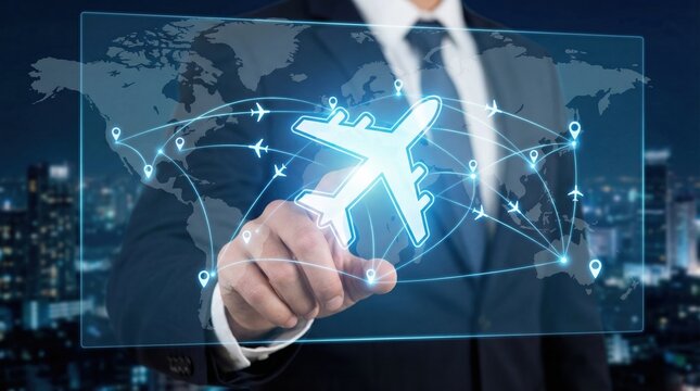 Digital global business travel planning and online vacation booking concept with airplane icon and world map in background