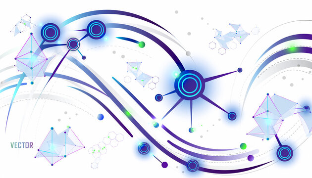 Abstract digital technology background with connected lines, dots, data flow, and low poly futuristic geometric elements vector