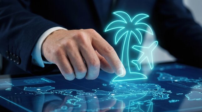 Digital global business online travel planning vacation booking concept with hand pointing on virtual palm tree and airplane icon