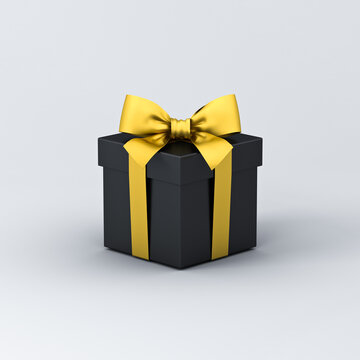 Black gift box or black present box with gold ribbon and bow isolated on white gray background with shadow minimal black friday sale conceptual 3D rendering