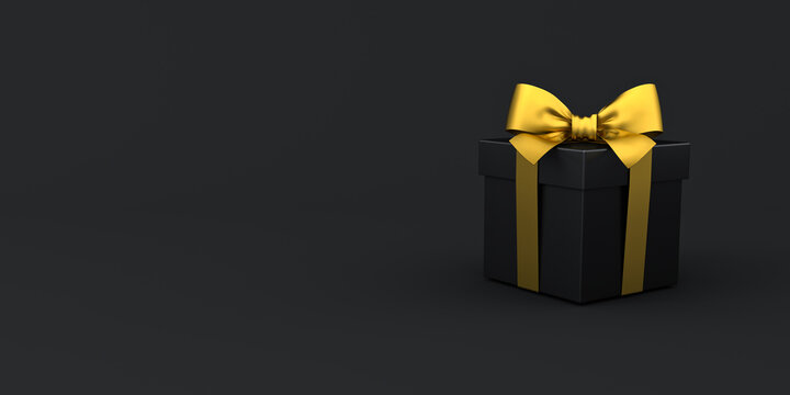 Black gift box or black present box with gold ribbon and bow isolated on dark black background with blank copy space minimal black friday sale conceptual 3D rendering