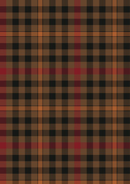 Classic dark brown, black, orange, and red plaid checkered tartan pattern seamless vector background.
