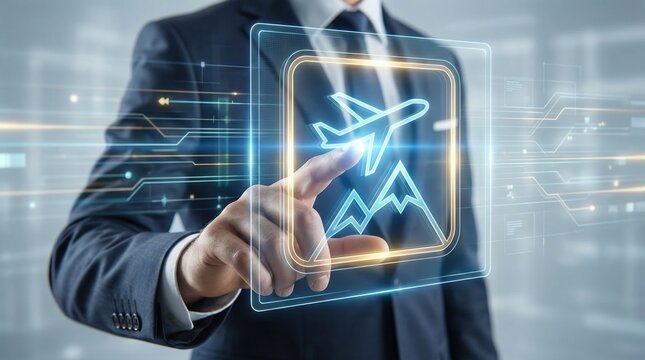 Digital global business online travel planning vacation booking concept with businessman touching virtual airplane icon
