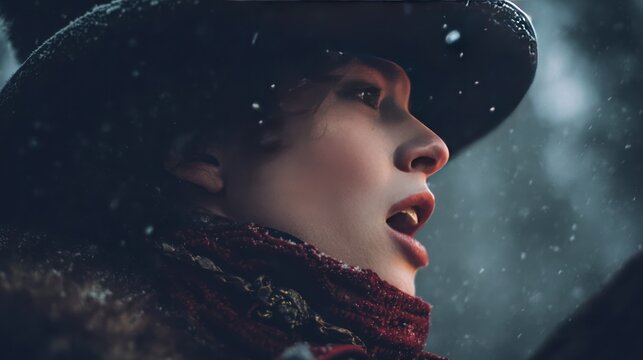 A close-up, cinematic portrait of a caroler in a Victorian-era outfit, singing with visible breath in the cold air