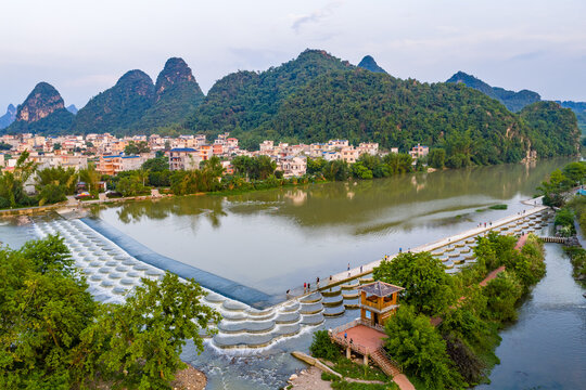 Fish Scale Dam and Karst Mountains on the Lijiang River in Lipu, Guilin, Guangxi, China