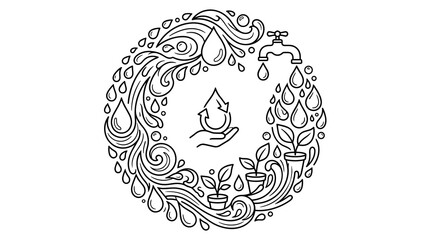 Fototapeta premium Water conservation concept with dripping tap, plants, and recycling symbol in a circular design, line art illustration