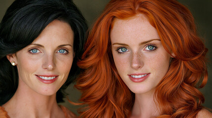 Fototapeta premium Portrait of two young women with dark and red hair smiling portrait happiness