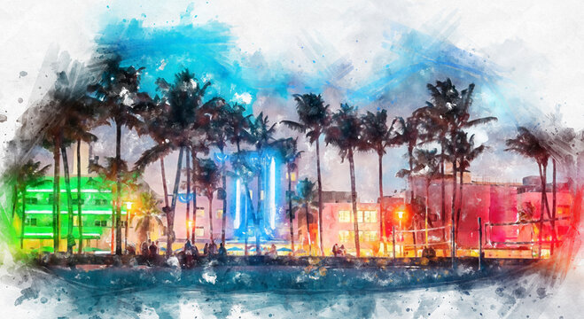 Watercolor painting illustration of Ocean Drive hotels and restaurants at sunset. City skyline with palm trees at night. Art deco nightlife on South beach