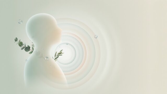 Silhouette of a human head with eucalyptus sprigs and concentric ripples