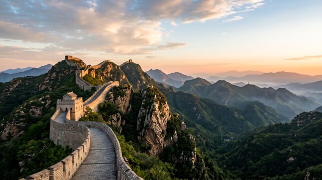 Ancient stone wall on mountain ridges during sunset