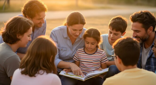Group of people reading book together outdoors.