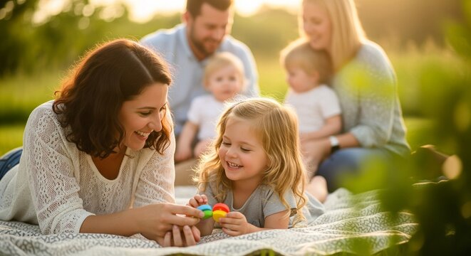 Happy family with small children sitting on picnic blanket in field.