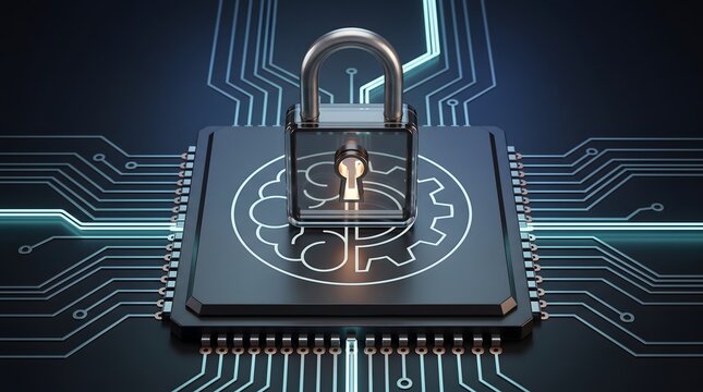 Transparent padlock on a microchip with a brain and gear symbol and glowing circuits. Concept of AI hardware security.
