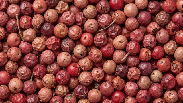 Pink peppercorns display rich textured surfaces and varied hues of red and rose in a full-frame culinary macro shot.