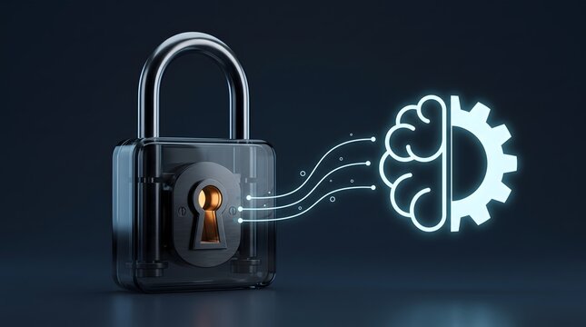 A transparent padlock connected to a neon brain and gear symbol. Concept of cyber security and machine learning lock.