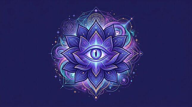 Mystical blue lotus with all seeing eye and sacred geometry