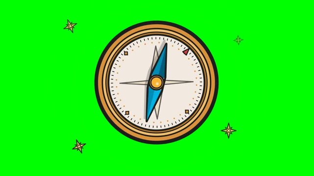 Motion graphic of a cartoon compass icon spinning on a green screen background for travel and navigation concepts