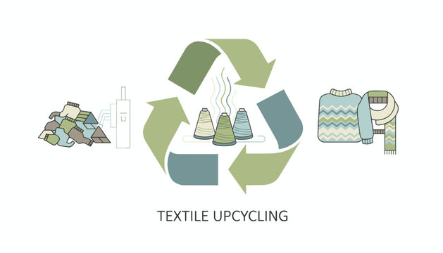 Textile upcycling concept with a recycle sign, yarn spools, and knitted winter clothing items like sweaters.