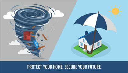 Naklejka premium Informative graphic contrasting a home destroyed by a tornado with a home protected by a giant umbrella.