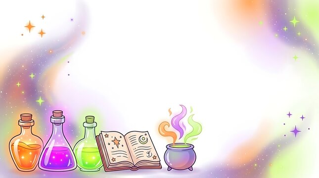 Halloween Magic Background with colorful potion bottles spellbook and cauldron on bright white space for web hero banner