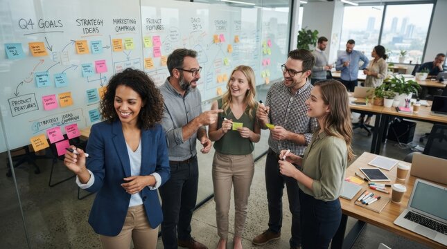 Diverse team collaborating on strategy using a glass whiteboard with sticky notes in modern office